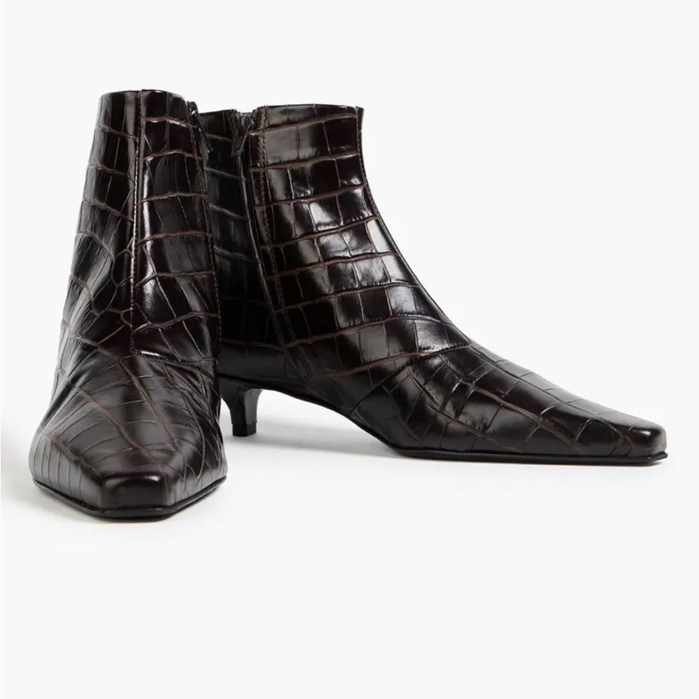 Toteme Dark Brown Croc-Embossed Kitten Heel Ankle Boots